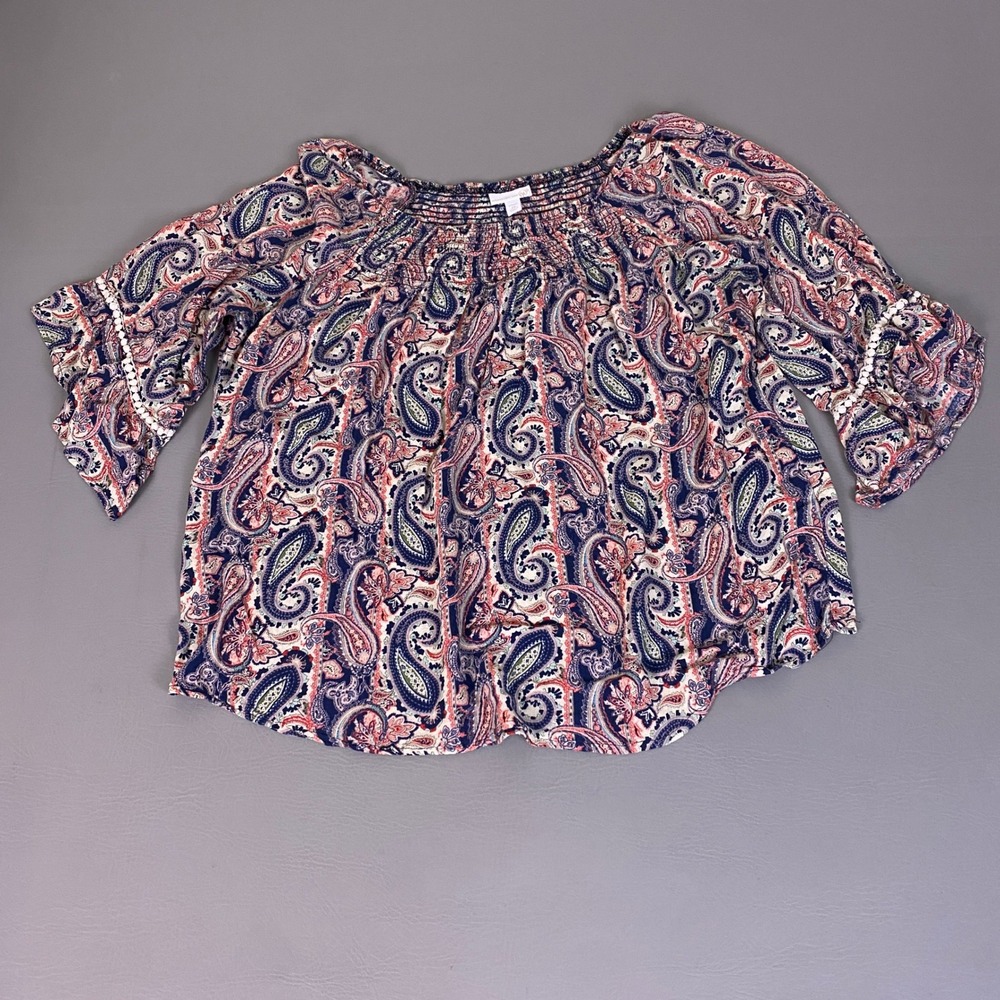Westport 1962 Blouse Top 2X Paisley Smocked Square Neck Boho Peasant Bell Sleeve